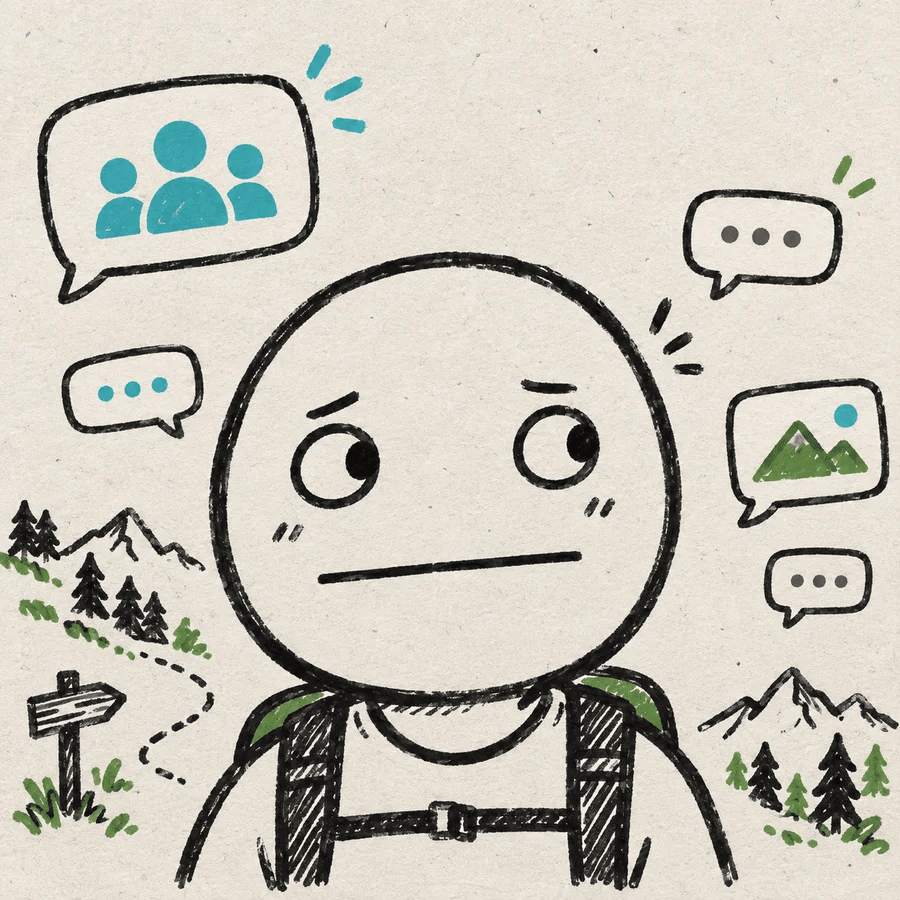 Doodled poker face surrounded by group-chat and hiking symbols